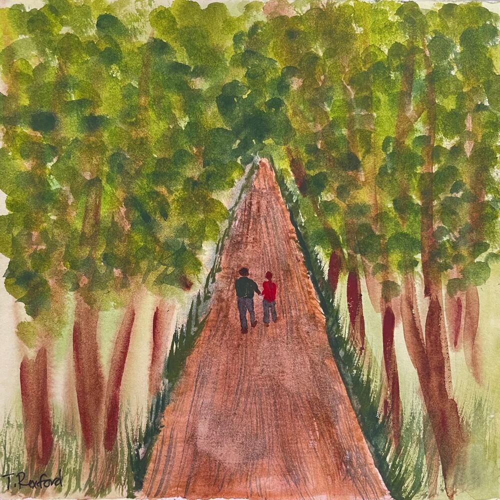 Hand painted watercolor original painting forest walk 6x6”